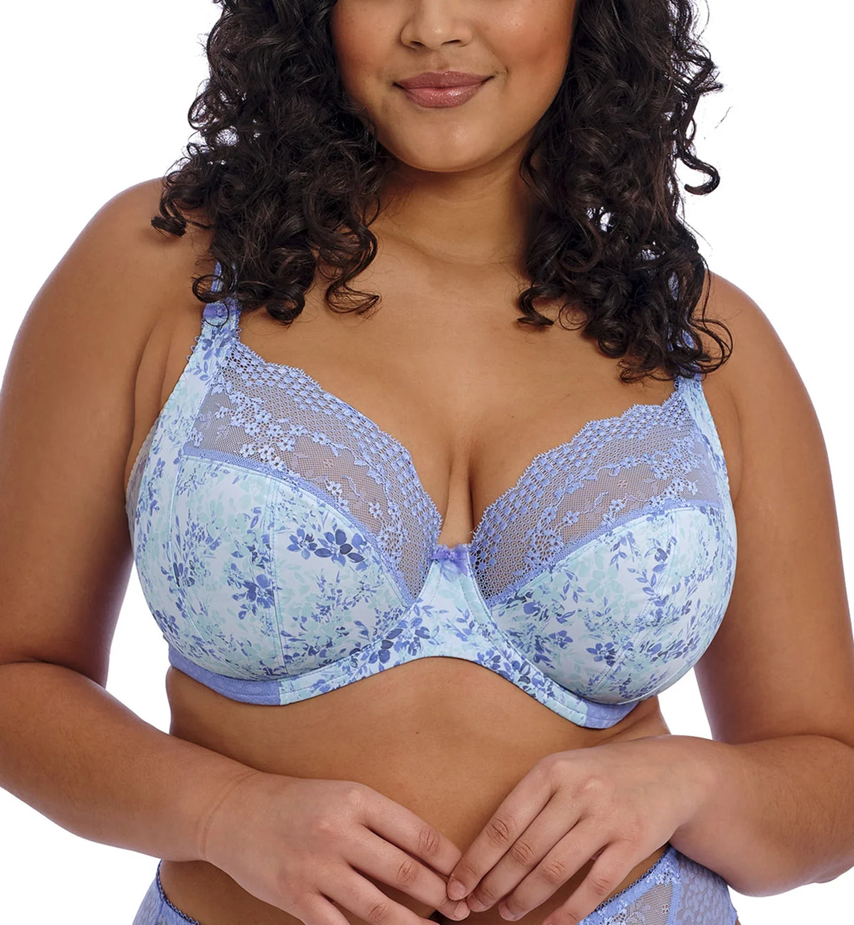 Elomi Lucie Banded Stretch Lace Plunge Underwire Bra (4490),42DD,Cornflower