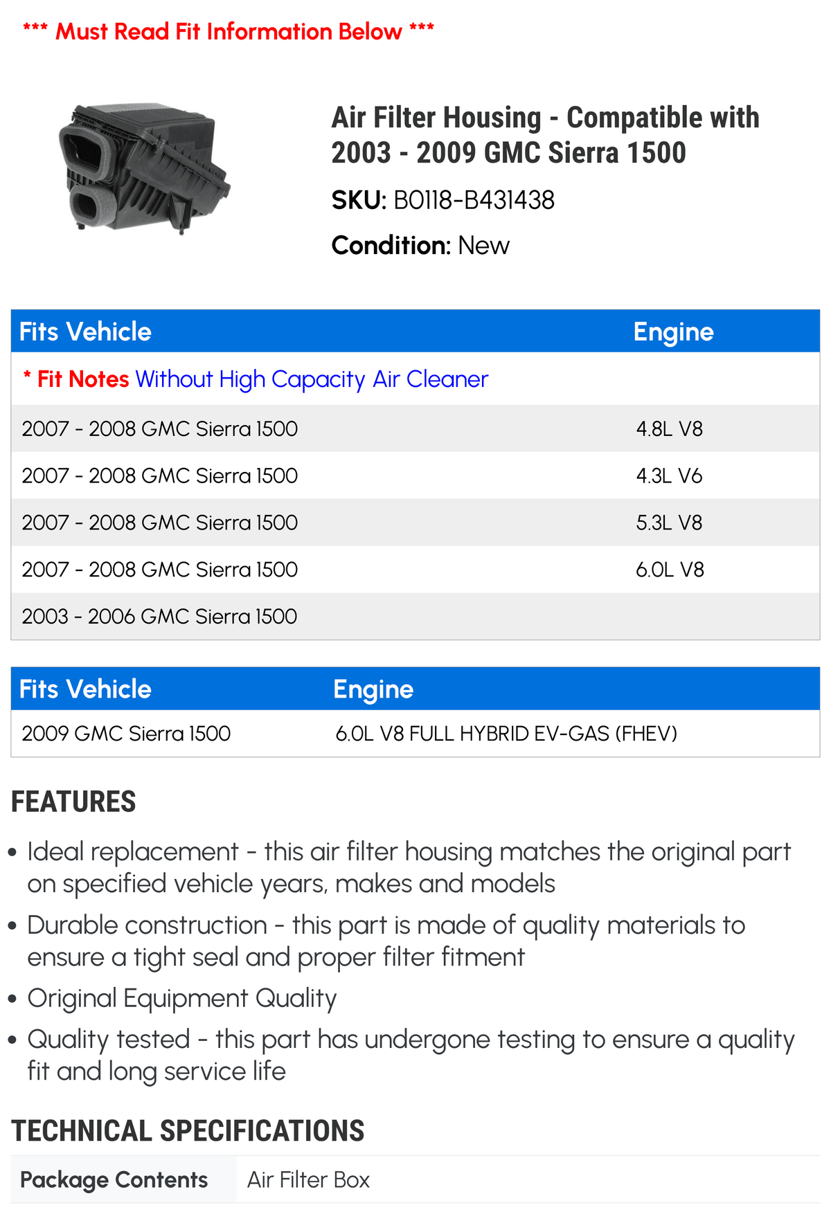 Air Filter Housing - Compatible with 2003 - 2009  Sierra 1500 2004 2005 2006 2007 2008