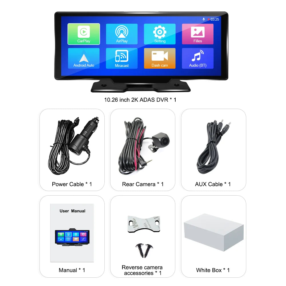Adas Dash Cam  4K   10.26"   with touch Screen 2 cameras for Front and Back recording Apple CarPlay , Android Auto Portable Navigation