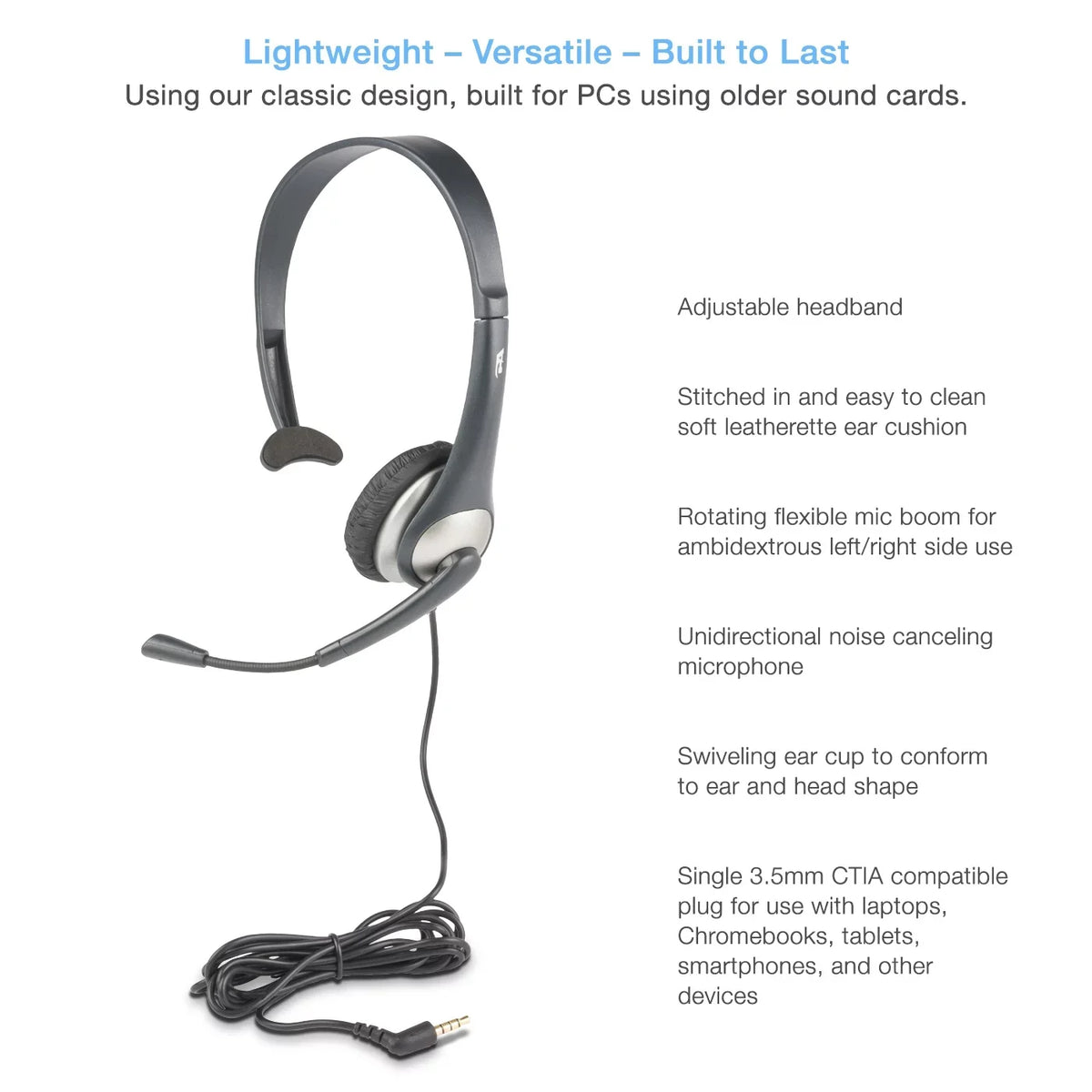 Cyber Acoustics Gray Mono Headset w/ Y-Adapter & Microphone (-104) -