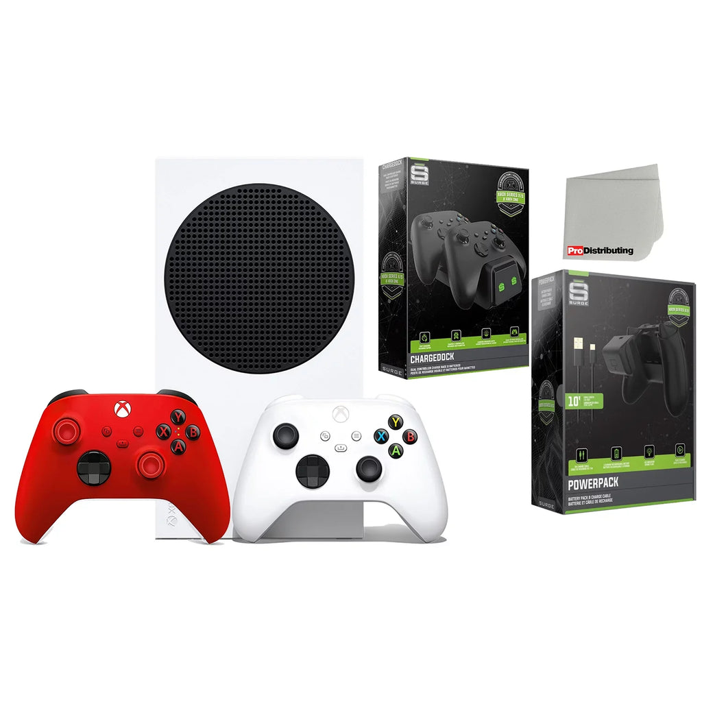 Microsoft Xbox Series S 512GB Digital Console with Extra Wireless Controller - Pulse Red - Surge  Dual Charge Base and Powerpack Battery/Charge Cable Bundle with Microfiber Cleaning Cloth