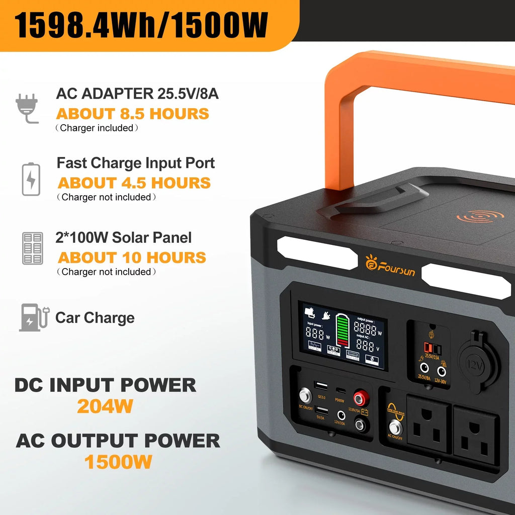 Foursun Energy storage,X 1500w Wireless 1500w Wireless Pd 1500w(3000w Peak) Portable Pd 65w Solar With 2 X PortableStation 1598.4wh With 2 Station With PdBattery 1500w Outdoors
