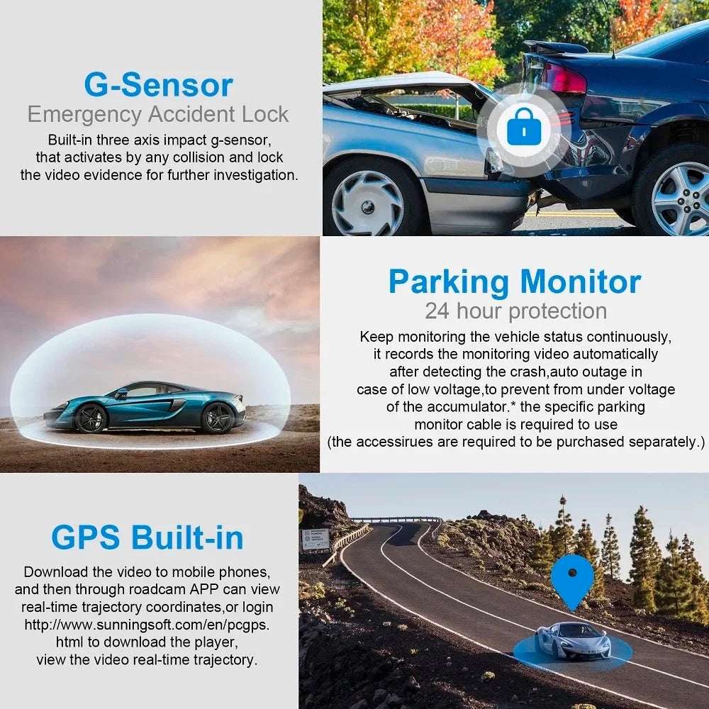 Car Video Recorder. 3 Camera Dash Car  Night Vision