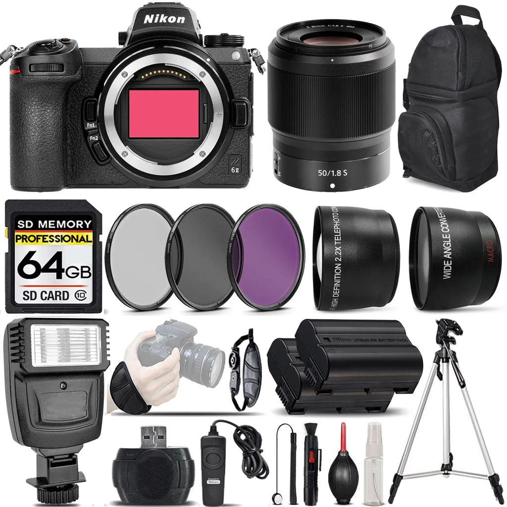 Nikon Z6  Mirrorless Digital Camera with 50mm f/1.8 S Lens + 0.43X Wide Angle Lens + 2.2x Telephoto Lens + Flash + 64GB Memory Card + -- Filters + Wireless Remte - International Version