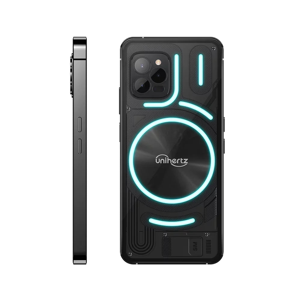 Unihertz Luna (Black) - Colorful  Light, Android 12 4G Smartphone, 108MP Camera, 5000 mAh Battery and Fast Charging, , Unlocked Smartphone with Industrial Transparent Back Design