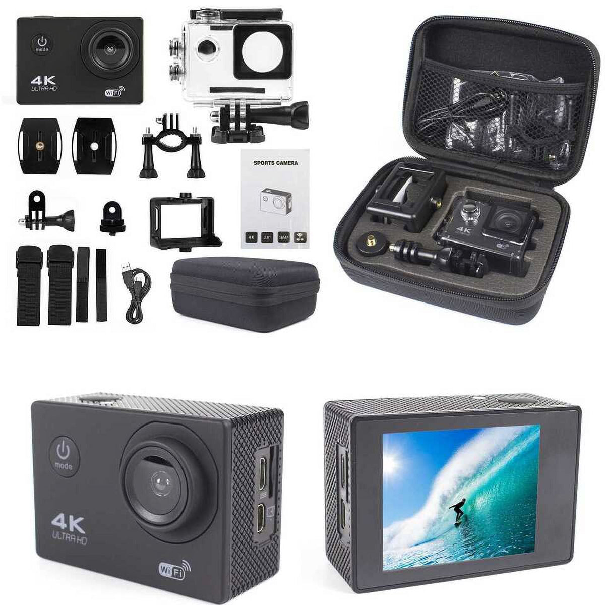 Action Camera  1080P Sports Camera Under 30M Waterproof,  Card, Battery, Carry Case Included