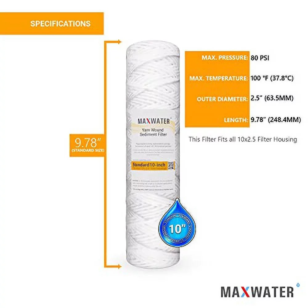 Standard 10"X2.5" String Sediment Water Filter (5 Micron), Hard Well, Whole House,  Biodiesel, Compatible With Standard  Reverse Osmosis Systems,  Systems