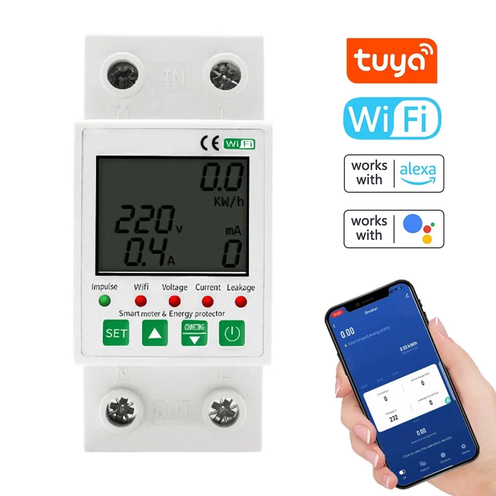 Pinnaco Intelligent WiFi Electric Meter with Leakage Protection and Timer Function for Voice Control - Compatible with Home
