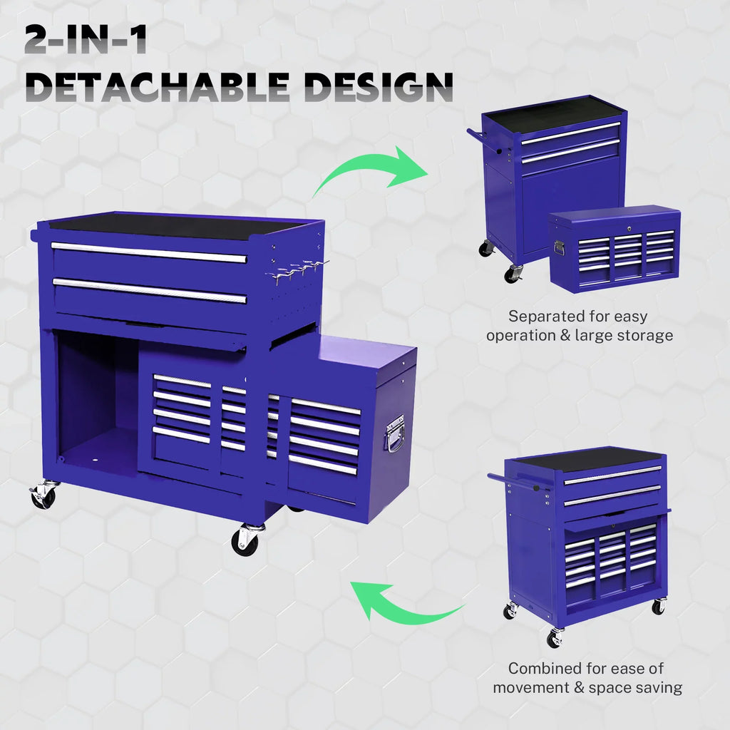 Tool Chest with Drawers, 2--1 Rolling Tool Chest & Cabinet Large Capacity with 8 Drawers, Lockable Tool Box Organizer On Wheels with Sliding Drawers, Hidden Double Tool Box, Blue