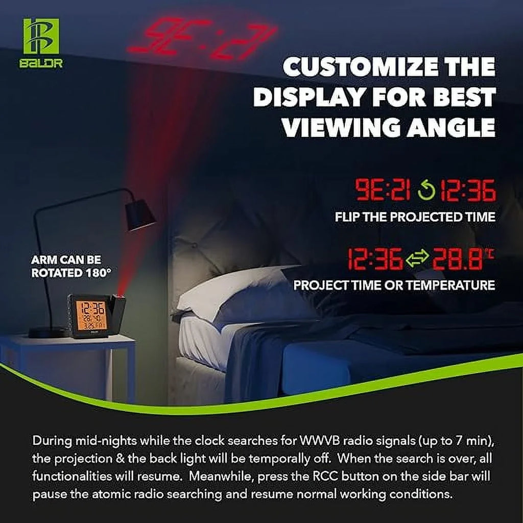 Digital Time Projection Alarm Clock - Atomic Time Projector on Ceiling Wall (Black)