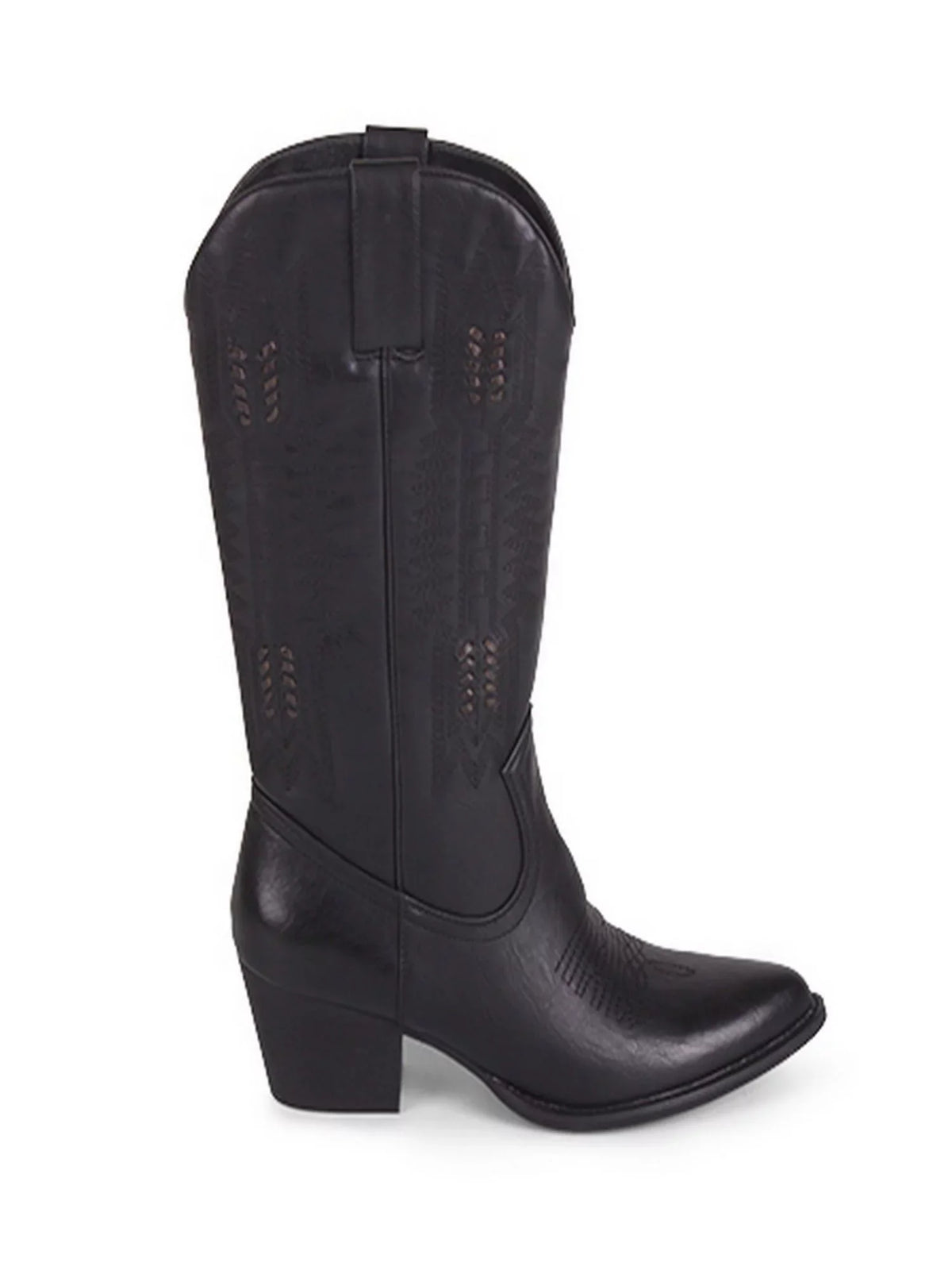 Womens Black Whip-Stitch Detailing Pull Tabs Woven Padded Texan Pointed Toe Block Heel Western Boot 5.5