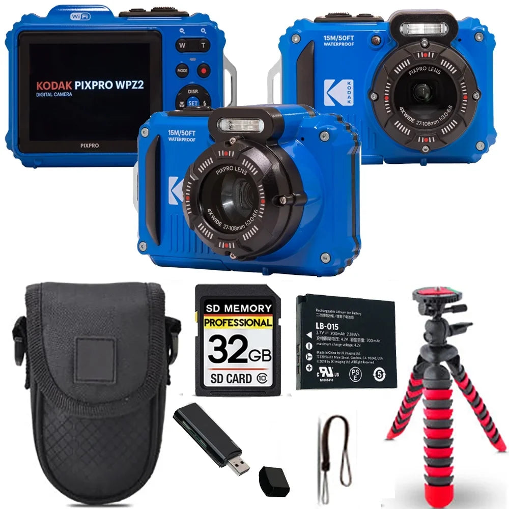 Kodak  WPZ2 Digital Camera (Blue) + Spider Tripod + Case - 32GB Kit