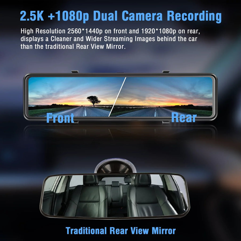 2.5K Mirror Dash Cam for Car, Dual Dash Camera Front and Rear 10" Full Touch Screen, Rear View Mirror Camera, 1080P Waterproof Reverse Backup Camera, Parking Assist, Loop Recording, G-Sensor