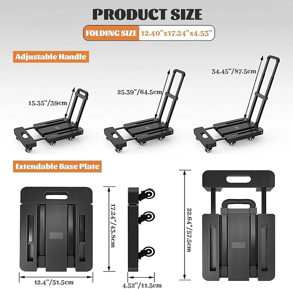 Folding Hand Truck, Small Trolley Portable 500  Capacity, Fold Up Hand Cart with 6 Wheels & Extendable Base, Collapsible Platform Truck for Moving, Office & Shopping, Black