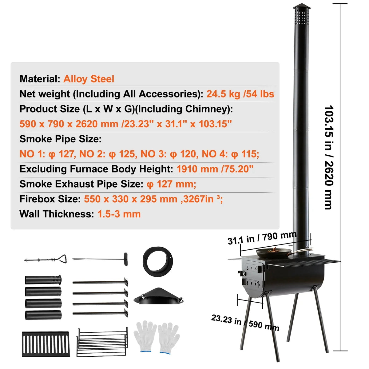 Portable Wood Stove Camping Hot Tent  Stove 118 in for Outdoor w/ Pipes