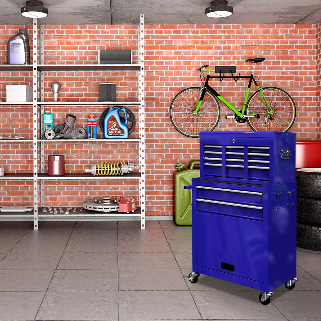 Tool Chest with Drawers, 2--1 Rolling Tool Chest & Cabinet Large Capacity with 8 Drawers, Lockable Tool Box Organizer On Wheels with Sliding Drawers, Hidden Double Tool Box, Blue