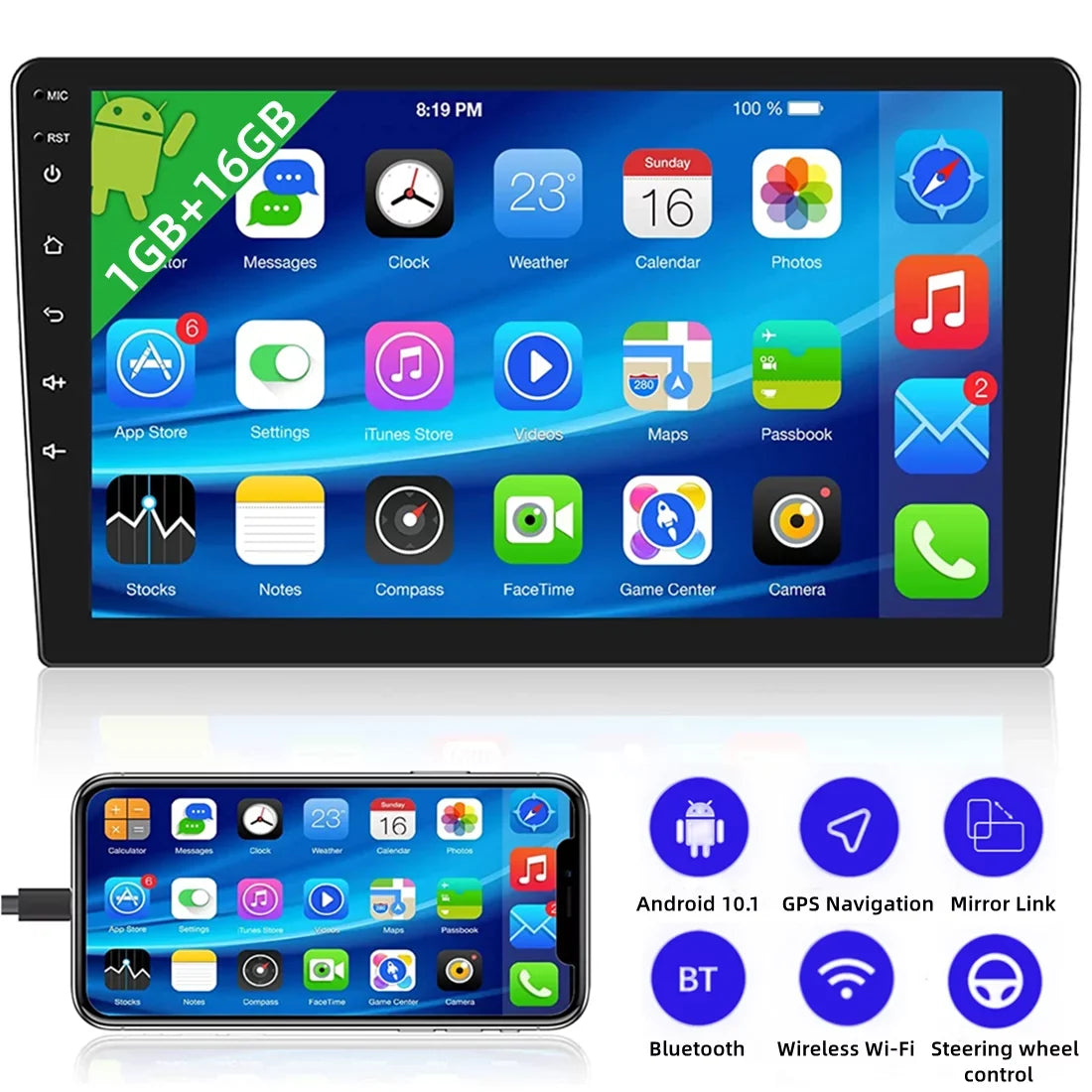 Double Din Car Stereo Radio 10'' Touch Screen Carplay Universal Car Multimedia Player with Bluetooth  Radio Receiver Mirror Link（1+16G）