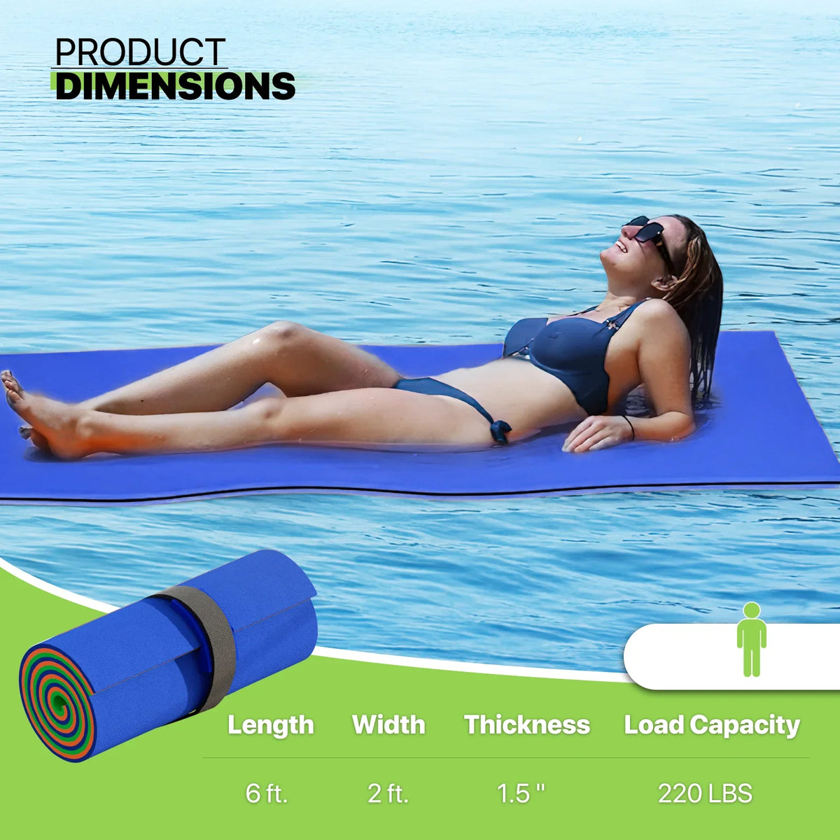 Magshion 6x2ft Floating Water Mat, 3-Layer Tear-Resistant  Foam Water Floating Pad, Lake Float Mat Lily Pad for Recreation Pool River Ocean Outdoor Water Activities, Blue