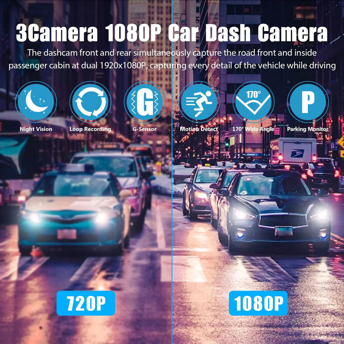 3 Channel Dash Cam Front and Rear Inside W/32GB  Card, Full  1080P Dash Camera for Cars, Dashcam Three Way Triple Car Camera W/ Night Vision, Loop Recording, G-Sensor, Parking Monitor