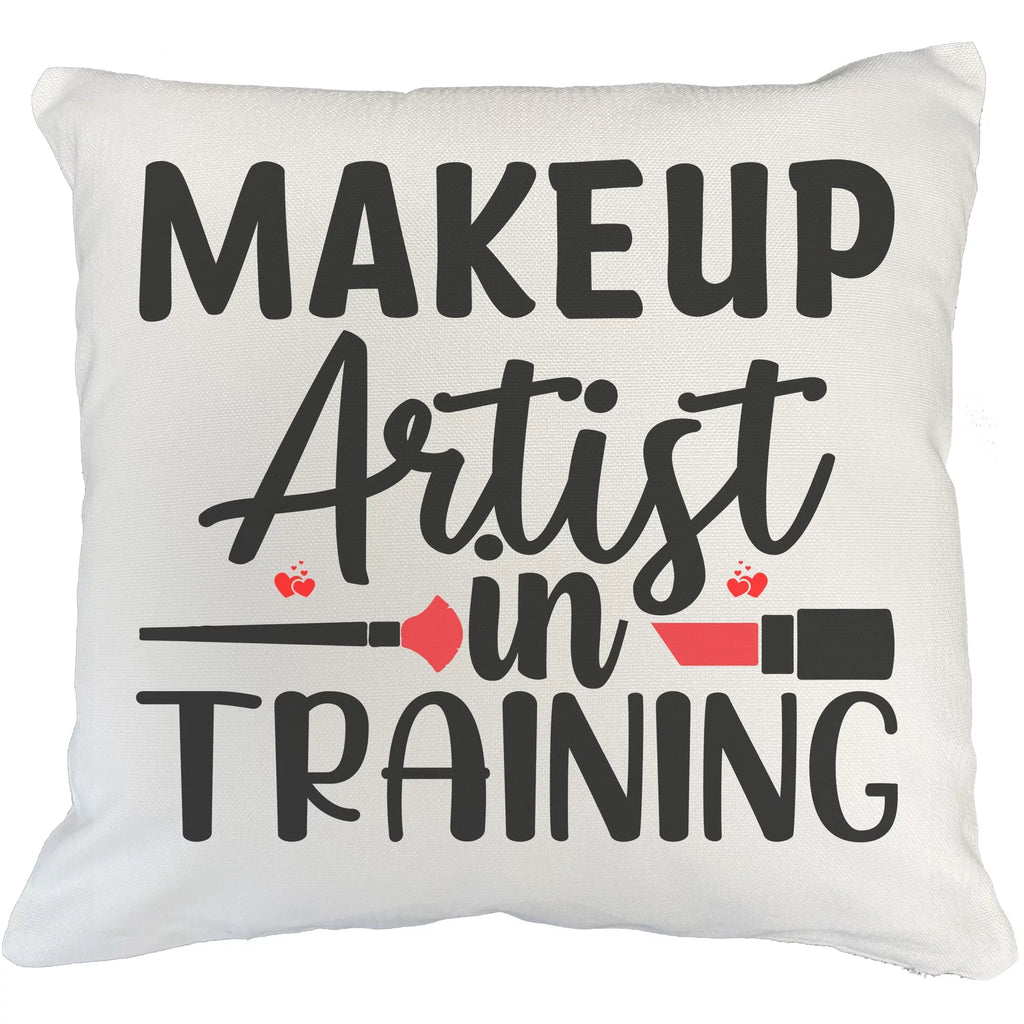 Makeup Artist in Training w/ Fan Brush & Red Lipstick Design - Beauty Themed Merch for Makeup Artist or Cosmetologist, Gift for Makeup Lovers, Pillow Cover, White 18X18